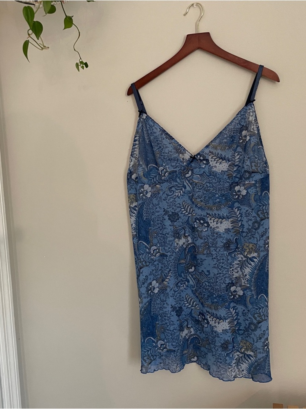 Vintage Blue Floral Satin Slip Chemise with Navy Straps